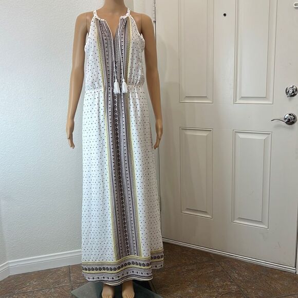 C Dresses & Skirts - C Dress Size Small Tassel Tie V Neck Sleeveless Maxi White Brown Yellow Lined